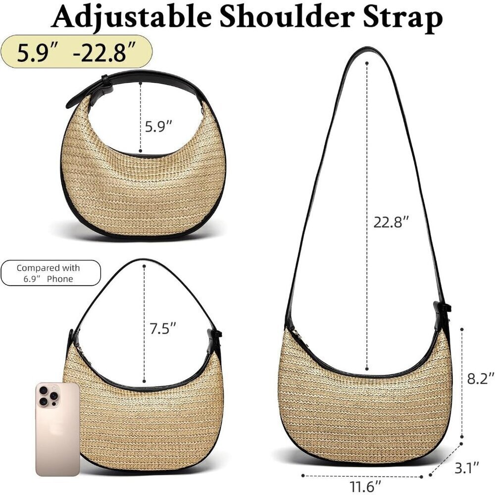 Women Black Herald Crescent Straw Bag Chic Summer Shoulder Purse - Picture 5 of 9